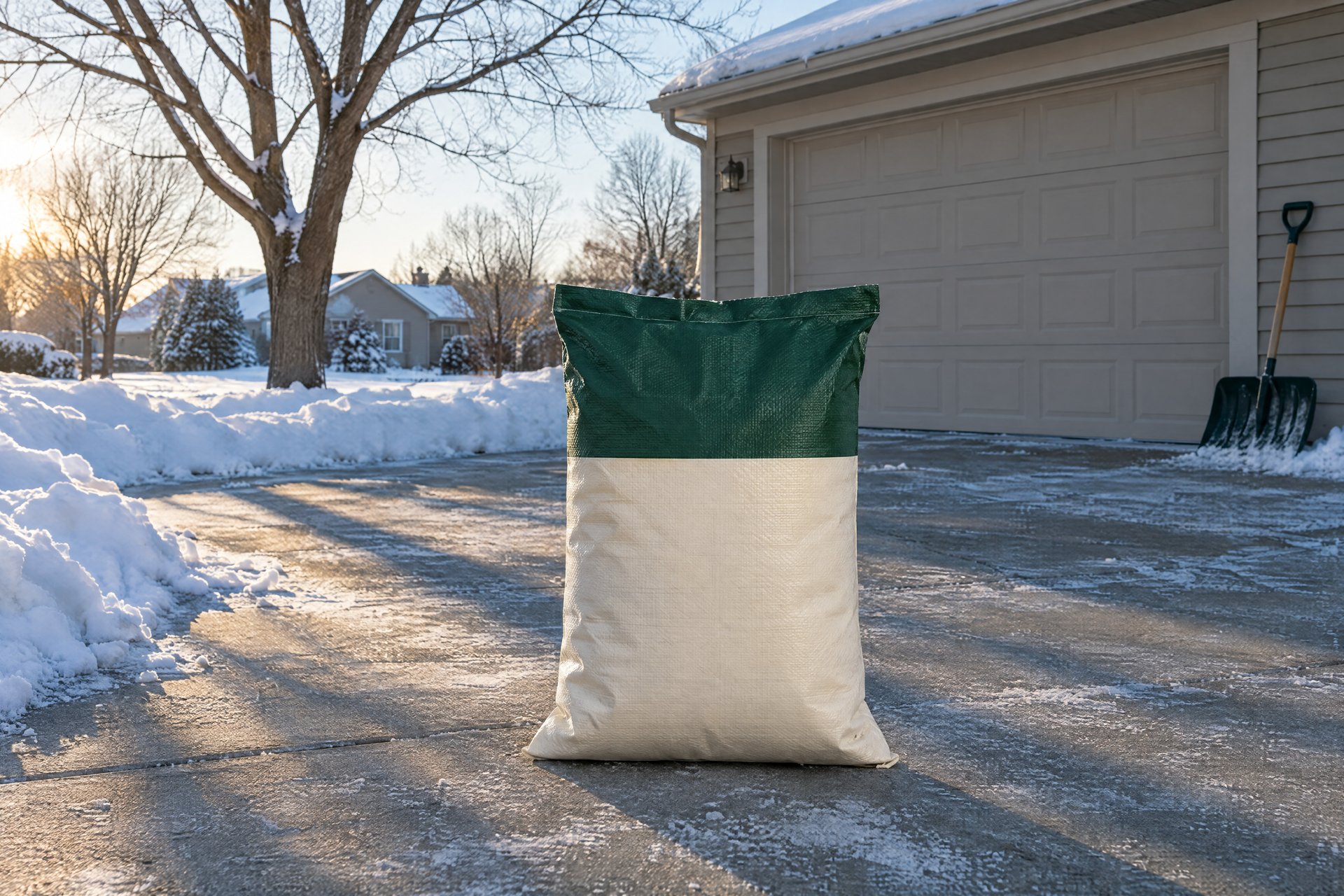 A plain green-and-white 20 lb ice-melt bag standing on a shovelled, frosty driveway in low winter sun, a garage and snowbanks behind it